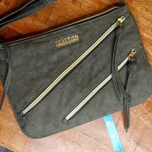 Kenneth Cole Reaction Crossbody Bag - olive microsuede with gold tone zippers